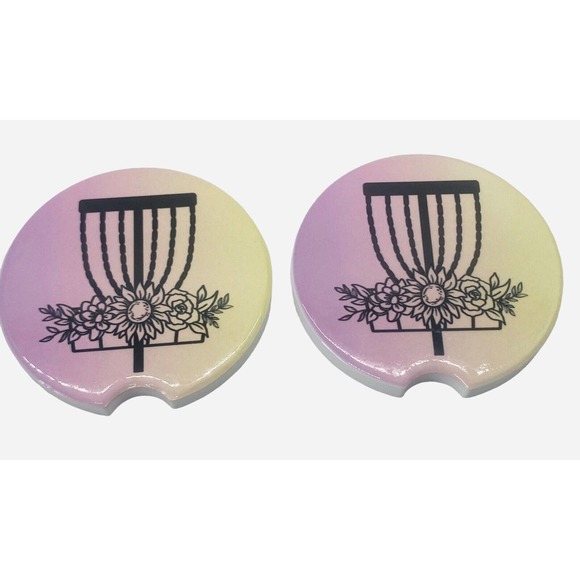 2 Pack DISC GOLF BASKET Car Drink Coasters Pink Yellow Ceramic Car Cup Holders - Picture 2 of 6